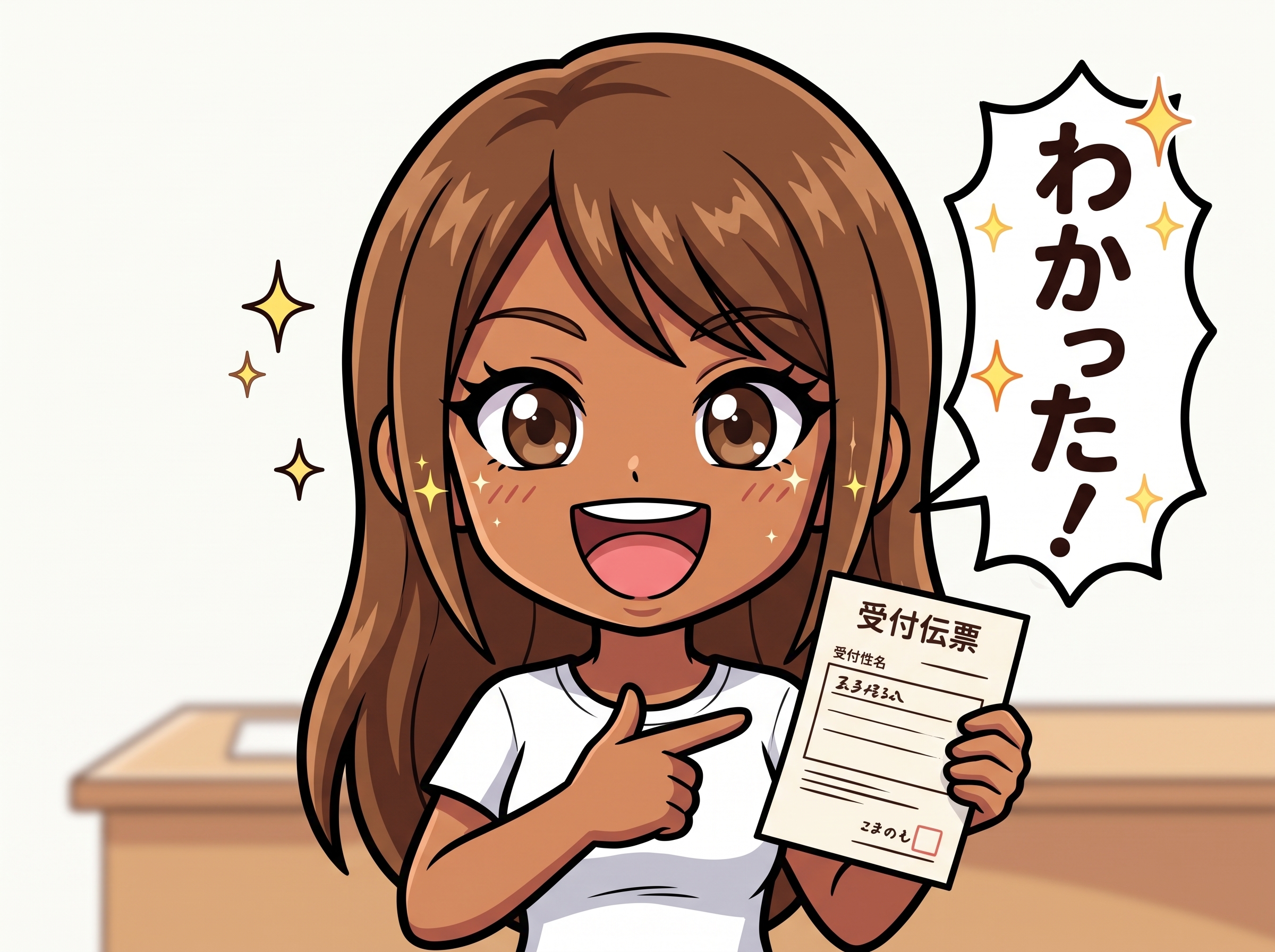伝票を手に納得した表情のメモリん