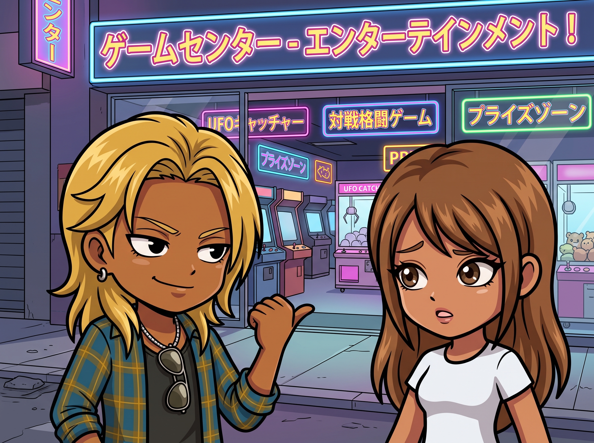 ゲームセンターの入口の前で話すギガテツとメモリん