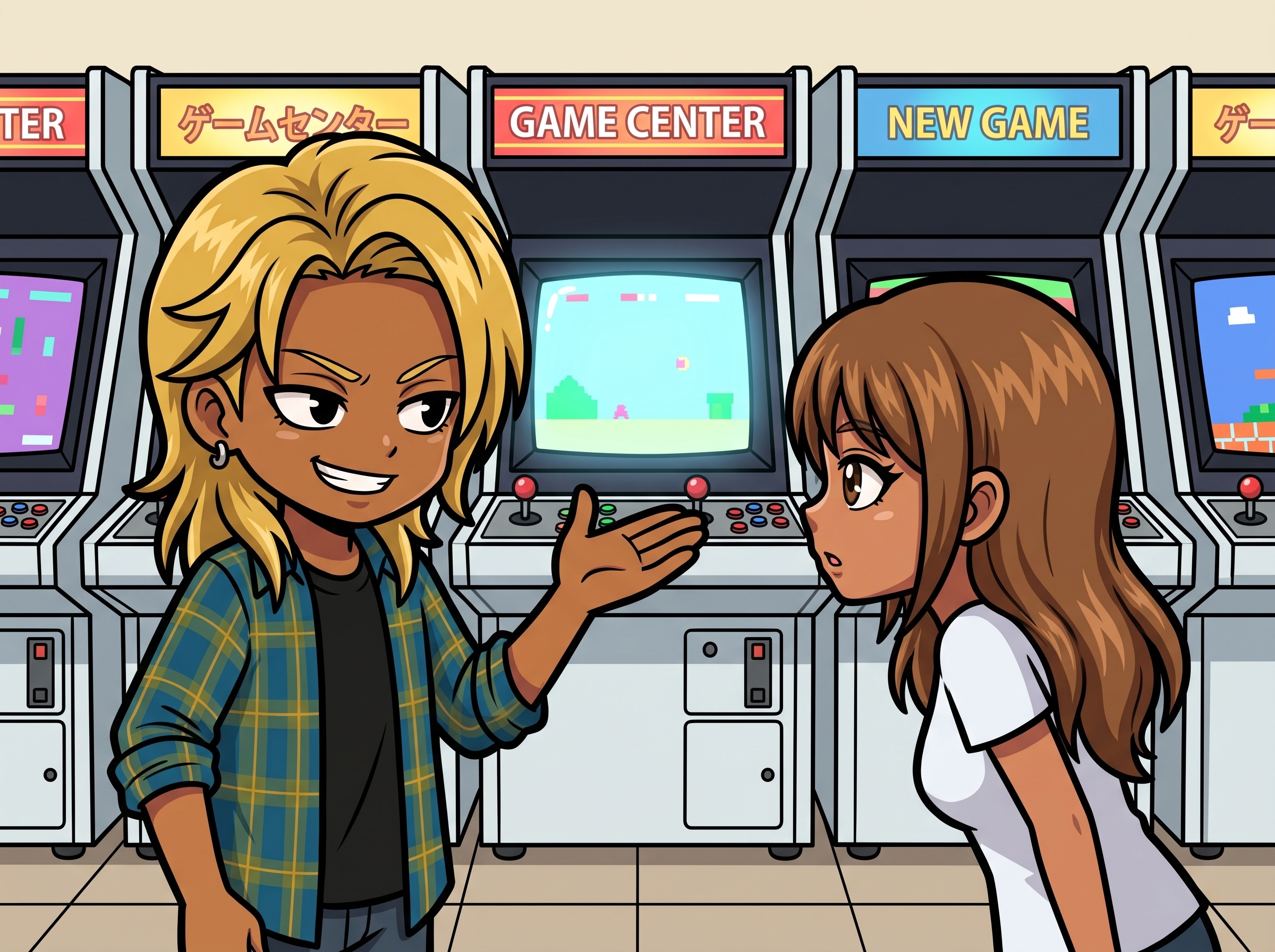 並んだゲーム機の前で1台を示して解説するギガテツと、のぞき込むメモリん